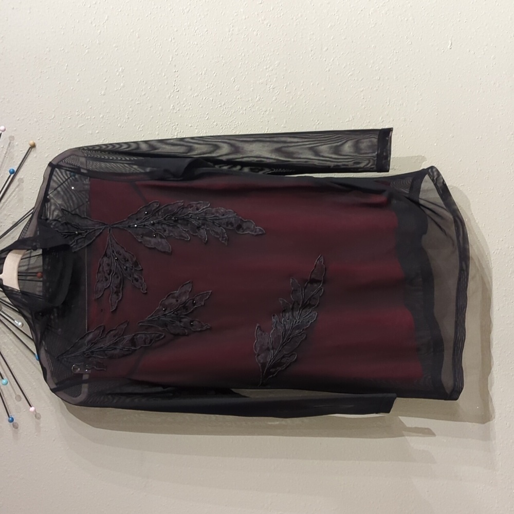 Grunge Whimsigoth Beaded Sheer mesh shirt dress black red embroidered Xl